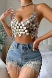 Silver Sexy Patchwork Hollowed Out See-through Chains Backless Halter Tops