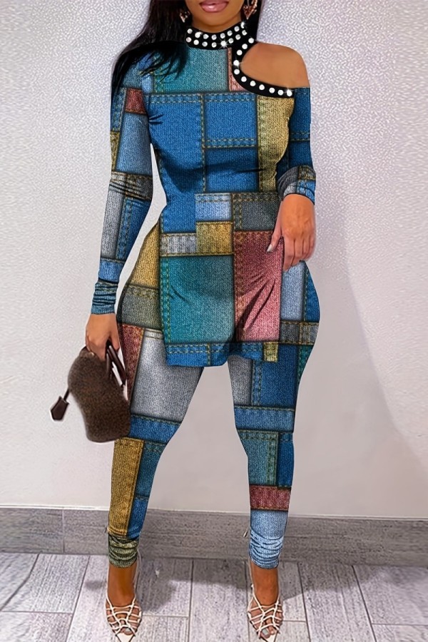 Blue Casual Print Hollowed Out Patchwork Slit Half A Turtleneck Long Sleeve Two Pieces