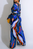 Blue Casual Print Patchwork V Neck Regular Jumpsuits