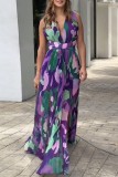 Purple Casual Print Bandage Backless V Neck Long Dress Dresses