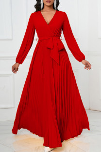 Red Elegant Solid Bandage Patchwork Pleated V Neck A Line Dresses