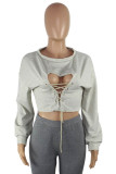 Light Gray Sexy Solid Patchwork Cross Straps O Neck Tops