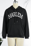 Black Casual Daily Print Draw String Hooded Collar Tops