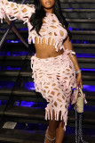 Pink Sexy Celebrities Solid Ripped Patchwork See-through Asymmetrical Collar Long Sleeve Two Pieces