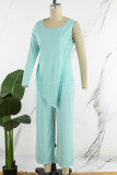 Light Green Casual Sweet Solid Patchwork Pocket Slit O Neck Nine Points Sleeve Two Pieces(No Brooch)