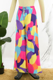 Colour Casual Print Patchwork High Waist Straight Full Print Bottoms