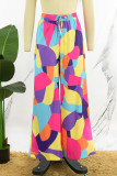 Colour Casual Print Patchwork High Waist Straight Full Print Bottoms