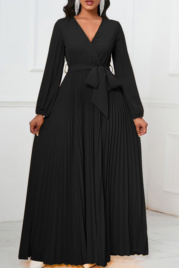 Black Elegant Solid Bandage Patchwork Pleated V Neck A Line Dresses