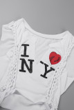 White Sexy Street Print Hollowed Out Patchwork Frenulum V Neck T-Shirts
