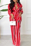 Orange Casual Striped Print Letter Turndown Collar Long Sleeve Two Pieces