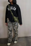 Black Casual Daily Print Draw String Hooded Collar Tops