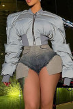 Grey Casual Street Solid Patchwork Zipper Collar Outerwear
