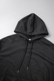 Black Casual Daily Print Draw String Hooded Collar Tops