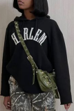 Black Casual Daily Print Draw String Hooded Collar Tops