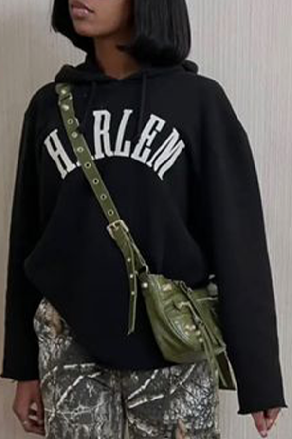 Black Casual Daily Print Draw String Hooded Collar Tops