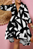 Black And White Casual Print Patchwork V Neck Printed Dress Plus Size Dresses
