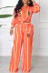 Orange Casual Striped Print Letter Turndown Collar Long Sleeve Two Pieces