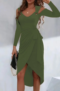 Green Casual Solid Frenulum V Neck Long Sleeve Dresses