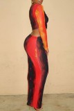 Red Black Casual Print Basic O Neck Long Sleeve Two Pieces