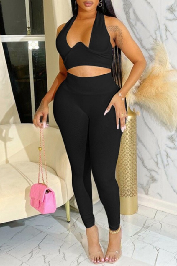 Black Sexy Casual Sportswear Solid Hollowed Out Backless Spaghetti Strap Sleeveless Two Pieces