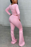 Pink Fashion Adult Living Solid Hollowed Out Square Collar Long Sleeve Regular Sleeve Regular Two Pieces