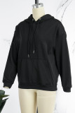 Black Street Daily Solid Draw String Hooded Collar Tops