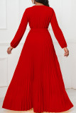 Red Elegant Solid Bandage Patchwork Pleated V Neck A Line Dresses
