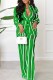 Green Casual Striped Print Letter Turndown Collar Long Sleeve Two Pieces