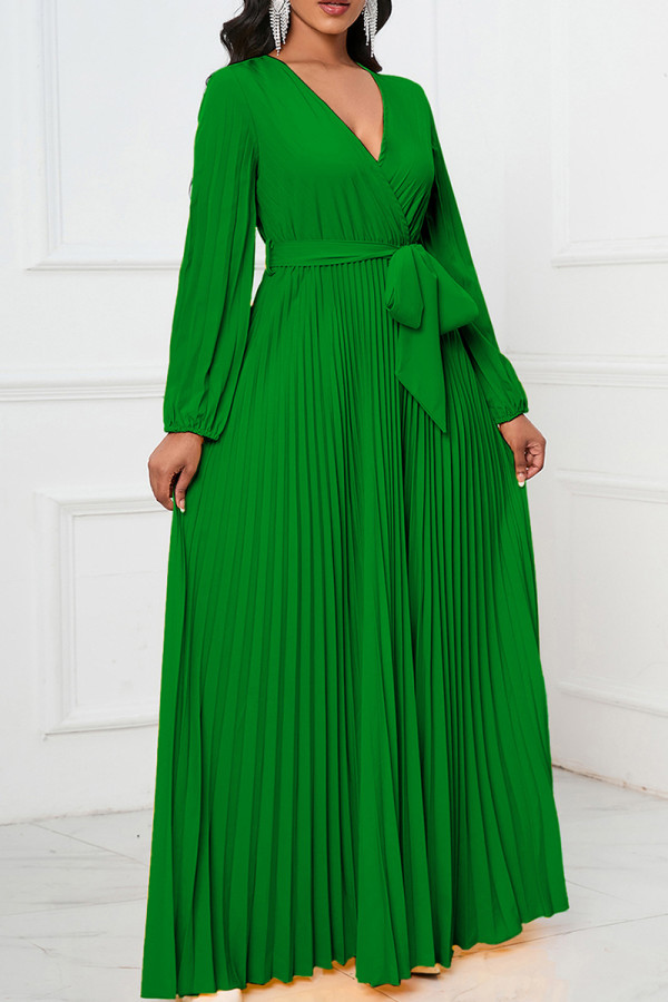 Green Elegant Solid Bandage Patchwork Pleated V Neck A Line Dresses