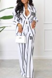 Green Casual Striped Print Letter Turndown Collar Long Sleeve Two Pieces