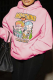 Pink Daily Cute Print Draw String Hooded Collar Tops