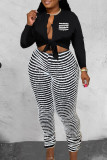 Black Casual Striped Bandage Patchwork Asymmetrical Collar Long Sleeve Two Pieces
