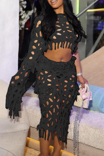 Black Sexy Celebrities Solid Ripped Patchwork See-through Asymmetrical Collar Long Sleeve Two Pieces