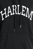 Black Casual Daily Print Draw String Hooded Collar Tops