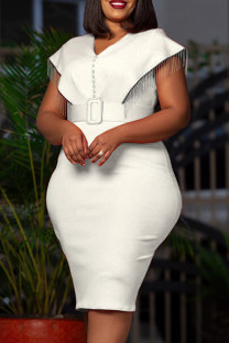 White Elegant Solid Tassel Patchwork With Belt V Neck Pencil Skirt Dresses