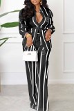 White Casual Striped Print Letter Turndown Collar Long Sleeve Two Pieces