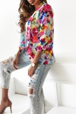 Blue Casual Print Patchwork Cardigan Turn-back Collar Outerwear