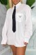 White Casual Print Letter Turndown Collar Tops