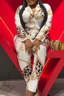 White Elegant Print Buckle Turndown Collar Long Sleeve Two Pieces