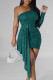 Green Sexy Celebrities Solid Sequins Patchwork One Shoulder Wrapped Skirt Dresses