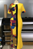 Yellow Casual Color Lump Print Patchwork Slit O Neck Straight Dresses