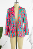 Red Casual Print Cardigan Turn-back Collar Outerwear