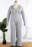 Grey Casual Solid Patchwork Hooded Collar Plus Size Three Piece Set