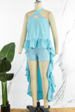 Blue Casual Sweet Daily Simplicity Asymmetrical Solid Color Halter Sleeveless Two Pieces