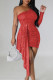 Red Sexy Celebrities Solid Sequins Patchwork One Shoulder Wrapped Skirt Dresses