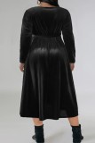 Black Casual Solid Frenulum V Neck Long Sleeve Plus Size Dresses