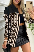 Black Apricot Casual Print Patchwork Turndown Collar Outerwear