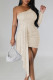 Apricot Sexy Celebrities Solid Sequins Patchwork One Shoulder Wrapped Skirt Dresses