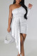 White Sexy Celebrities Solid Sequins Patchwork One Shoulder Wrapped Skirt Dresses