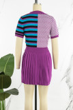 Purple Casual Patchwork Pleated V Neck Short Sleeve Two Pieces